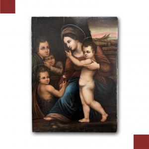 DIPINTO A OLIO SU TAVOLA MADONNA CON GESU’ E GIOVANNI FINE XVI SECOLO 