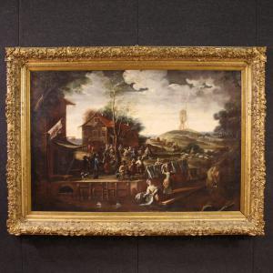 Great 17th century Flemish landscape painting, village festival