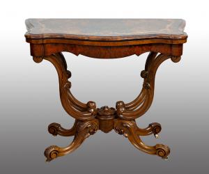Antique Victorian burr walnut card table. England 19th century.