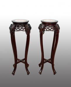 Pair of boxwood plant stands/pedestals with marble tops. France, early 20th century.