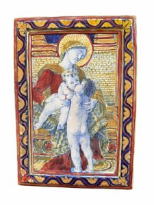 Splendida mattonella in ceramica a lustro rubino e oro firmata SANTARELLI GUALDO TADINO 