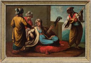 Pittore veneziano (XVIII sec.) - Scena orientale con figure in costume turco e pappagallo.