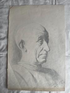 Desenho a lápis sobre papel com perfil masculino. Assinatura F. Pietra