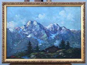 Pintura a óleo sobre madeira representando paisagem montanhosa. Assinado.