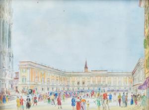"Piazza" - Aquarellierte Zeichnung von Quinto Cenni, Aquarell von Quinto Cenni
