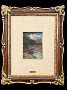 Dipinto olio su tavola raffigurante fiume con ponte.Giuseppe (Nino) Bertocchi (Bologna 1900-Monzuno 1956).