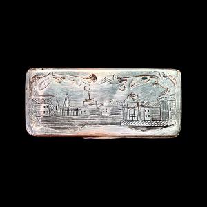 Silver box with architectural scenes. Russia. Dated 1866.
