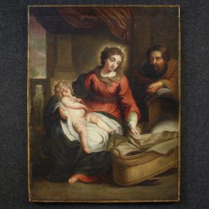 Antico dipinto fiammingo Sacra Famiglia del XVIII secolo