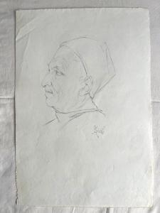 Desenho a lápis sobre papel com perfil de figura masculina renascentista. Assinatura A.Santi.