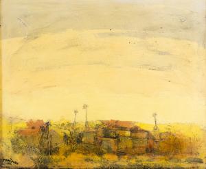 Pippo Pozzi, "Villaggio Egiziano", olio su tela, Epoca '900, Pippo Pozzi, "Egyptian Village," oil on canvas, 1900s era
