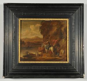 Viandanti presso il guado, olio su tela, scuola romana inizi secolo XVIII
