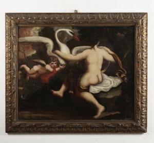 Oil on canvas. Leda and the Swan, 17th-century Lombard painter, 17th century period