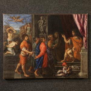 Antiga pintura italiana do século XVII, o martírio dos quatro santos coroados