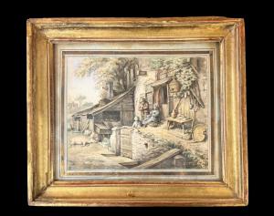 Coppia di gouaches su cartoncino con scene popolari.Ambito di Adriaen Van Ostade.Olanda.