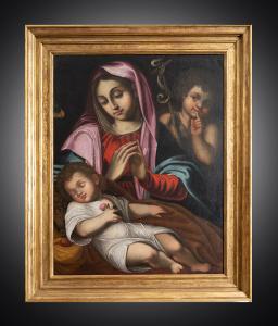 Dipinto antico olio su tela raffigurante Madonna col Bambino dormiente e San Giovannino. Bologna XVII secolo.
