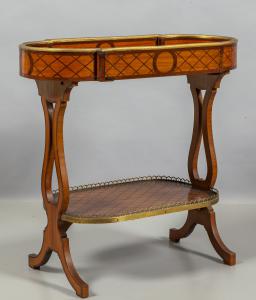 Fioriera Napoleone III lastronata in palissandro e bois de rose, gambe a lira, Francia secolo XIX