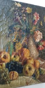 Dipinto ad olio su tela del XIX secolo, vaso di frutta con fiori - Foto 5