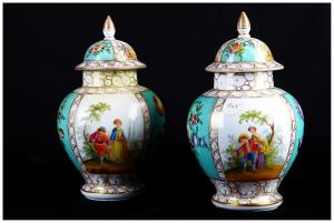 Pair of antique Meissen white and aqua green porcelain covered vases
