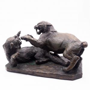 Antonio Ligabue, "Tiere im Kampf", Bronzeskulptur, 1940er Jahre