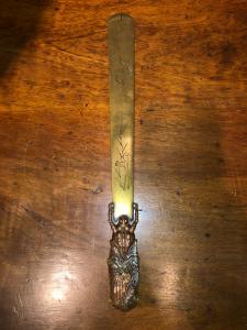 Bronze and copper letter opener with frog figure. Japan.
