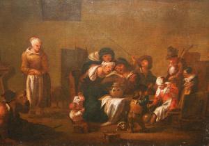 Antico Dipinto olio su tela di fine 1700 raffigurante l'interno di una taverna