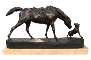 Scultura In Bronzo di Cavallo con Cane - Italia Inizio XX Secolo 