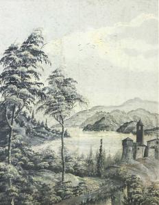 Antica veduta paesaggistica, tempera su carta, Inizio XIX secolo, Antique landscape view, tempera on paper, Early 19th century