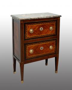 Neapolitan Luigi XVI antique bedside table in precious exotic woods with marble top. 18th century period.