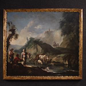 Grande quadro italiano del XVIII secolo, paesaggio con scena di genere