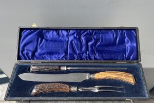 Roast cutlery set in staghorn, metal and silver with original box. England