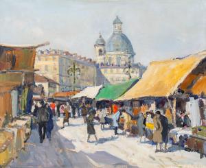 Gemälde von Carlo Musso, "Der Markt von Turin", Öl auf Leinwand, 1940er Jahre