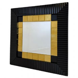 Specchio Italiano Anni 80 con Cornice in Lacca Nera e Inserti Oro
