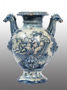 Vaso stagnone antico in maiolica smaltata con anse biansate. Albisola XVIII secolo.