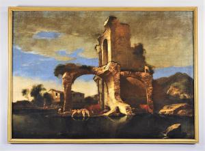 Antonio Travi, detto il Sestri (Genova 1608-1665) Paesaggio con rovine, armenti e lavandaie – olio su tela siglato