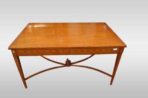 Sheraton style English writing desk in Satinwood from the 1800s with paintings
