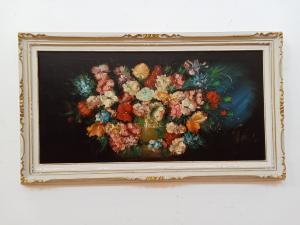 Großes Ölgemälde auf Leinwand, Stillleben mit Blumen - Mitte des 20. Jahrhunderts - Rahmen im Stil des Louis-Philippe