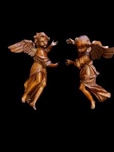 Pair of full-figure carved wooden angels. Liguria.
