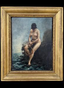 Dipinto olio su cartoncino raffigurante figura femminile nuda.