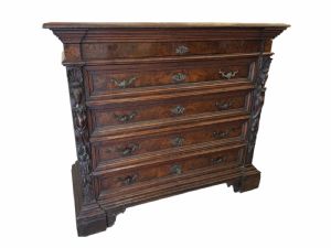 Favoloso canterano in legno di noce e radica con cariatidi in prima patina.UMBRIA XVI secolo 