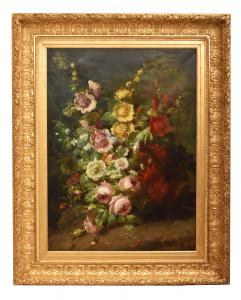 GRANDE NATURA MORTA DI FIORI CON ROSE E MALVAROSE, QUADRI ANTICHI, OLIO SU TELA, XIX SECOLO (QF726)