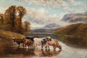 William Vivian Tippett (Britisch, 1833 - 1910) — Landschaft mit Rindern beim Durchwaten eines Flusses.