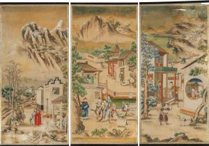 Paisagens com cenas da vida chinesa, três rolos pintados em papel, China, século XVIII