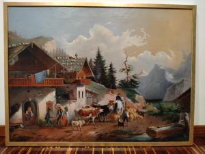Austrian 1800s oil on canvas depicting mountain village and animals