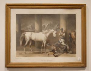 Antique French color print from the 1800s depicting a stable with animals