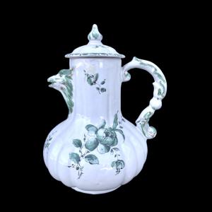 Majolica coffee pot with 'green flowers' decoration, mask, rocaille handle and pine cone grip. Manufactured by Pasquale Rubati. Milan.