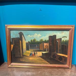 Antique oil painting on canvas, Pompeii excavations, 18th century, Neapolitan school. Measures 56 x 35 cm.