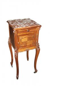 French Louis Philippe style bedside table with carvings and marble top, 19th century