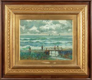 Giuseppe Sacheri (1863 1950) Passeggiata a mare, olio su cartoncino, firmato in basso a destra