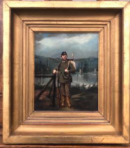 Pintura a óleo sobre cartão com figura de um soldado em fundo campestre. Assinatura: Eraud