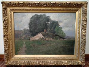 Französisches Ölgemälde auf Leinwand aus dem 19. Jahrhundert, signiert, zeigt eine ländliche Landschaft mit Haus